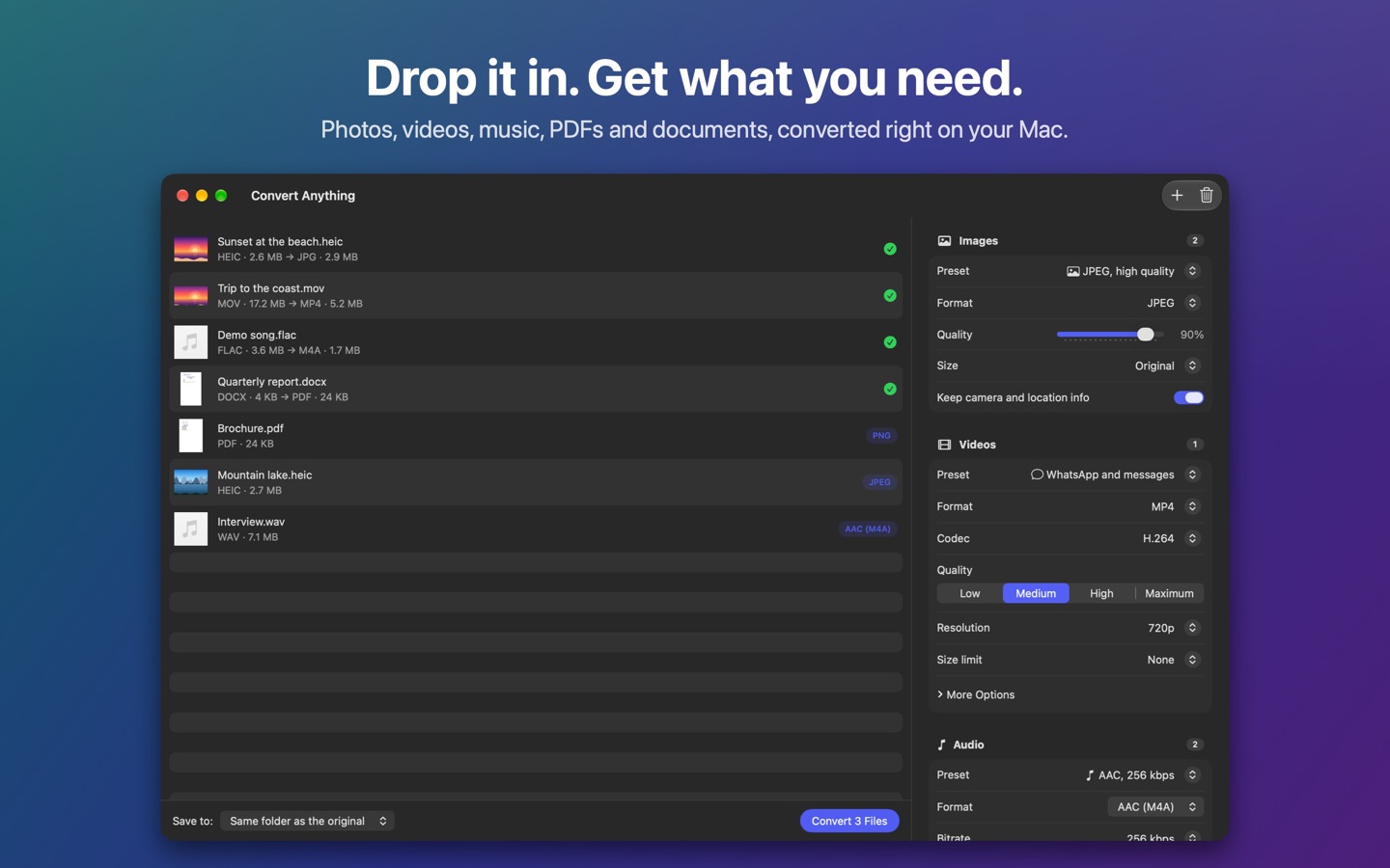 Convert Anything converting photos, a video, a song and a document at once