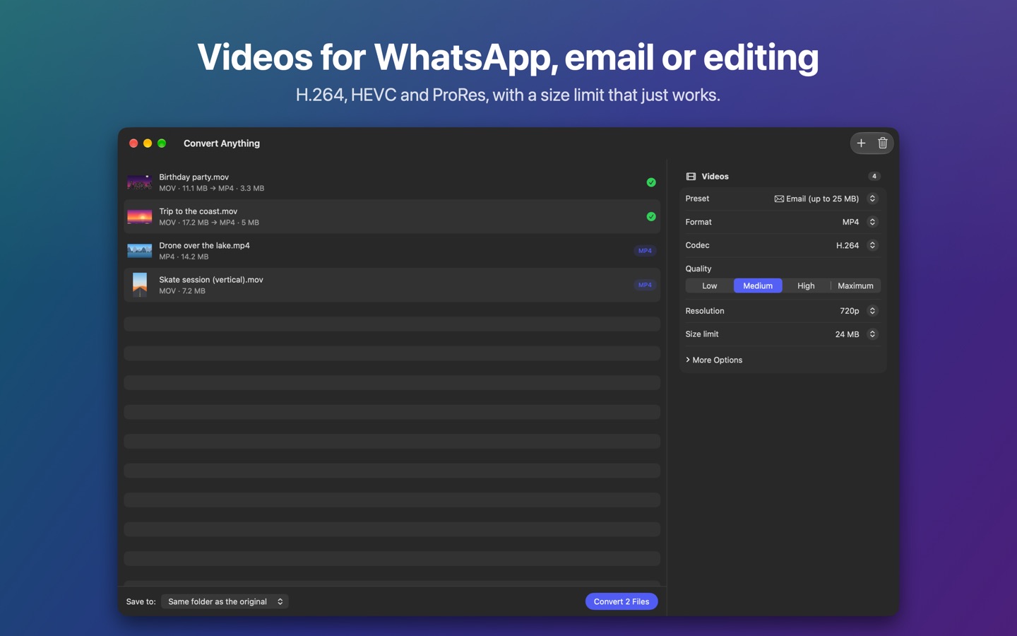 Videos converted to MP4 with the email preset and a 24 MB size limit