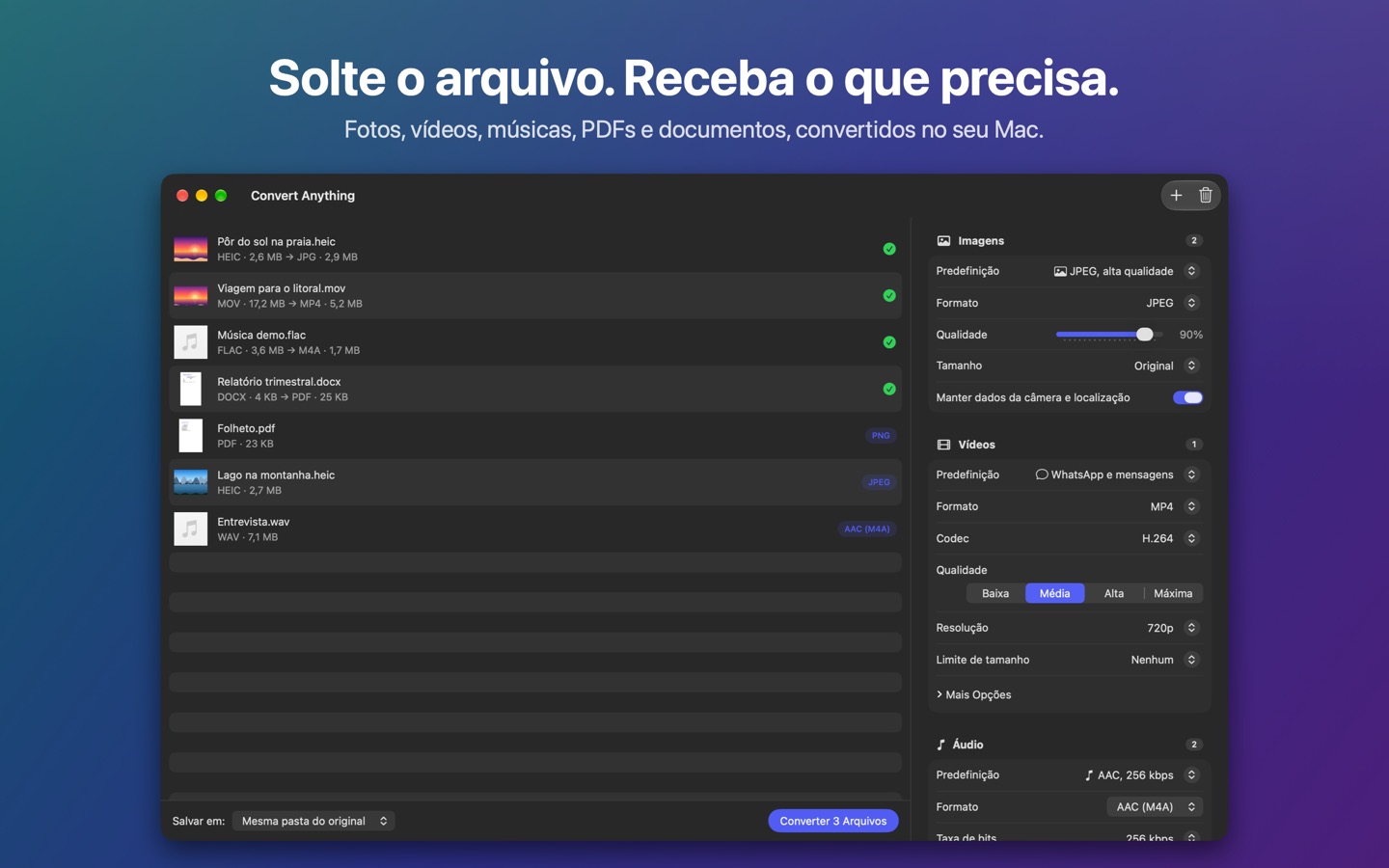 O Convert Anything convertendo fotos, um vídeo, uma música e um documento de uma vez