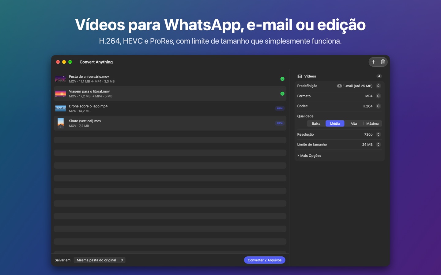 Vídeos convertidos em MP4 com a predefinição de e-mail e limite de 24 MB