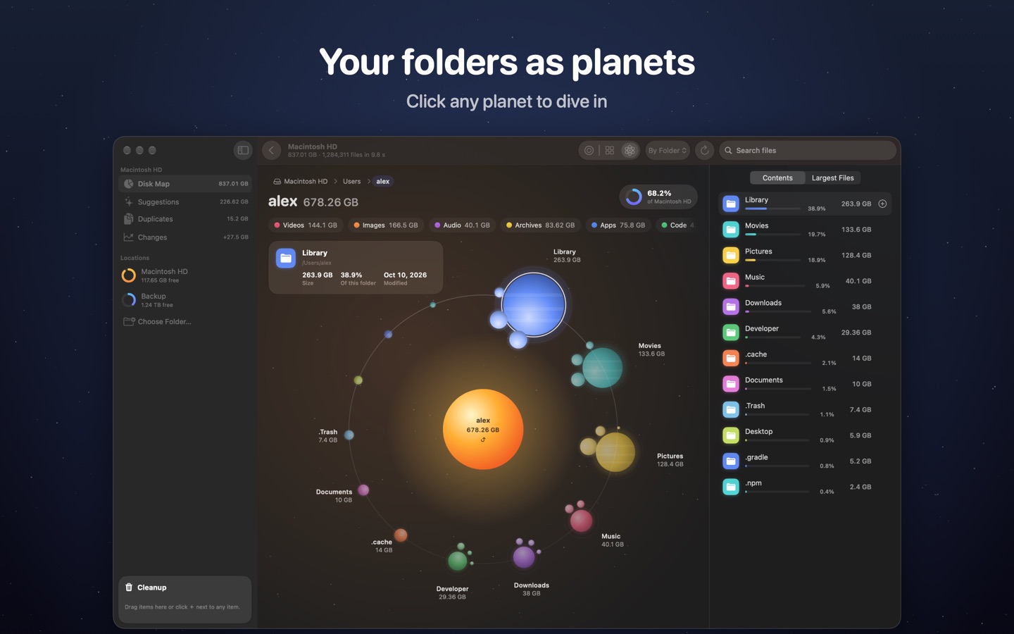 DiskOrbit showing a home folder as planets circling the sun, sized by the space they use