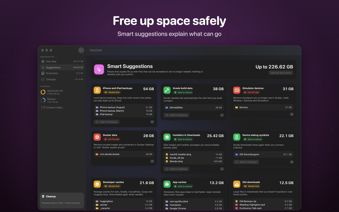 Smart suggestions: iPhone backups, Xcode build data, simulators, Docker data and more, each with its size