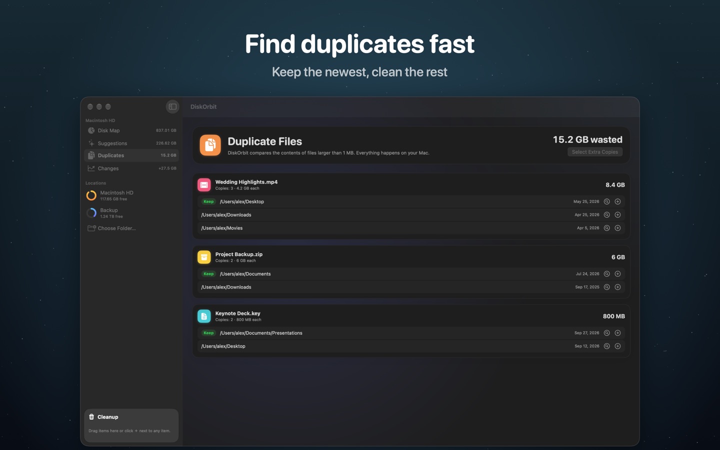 Duplicate files, with the newest copy of each marked to keep