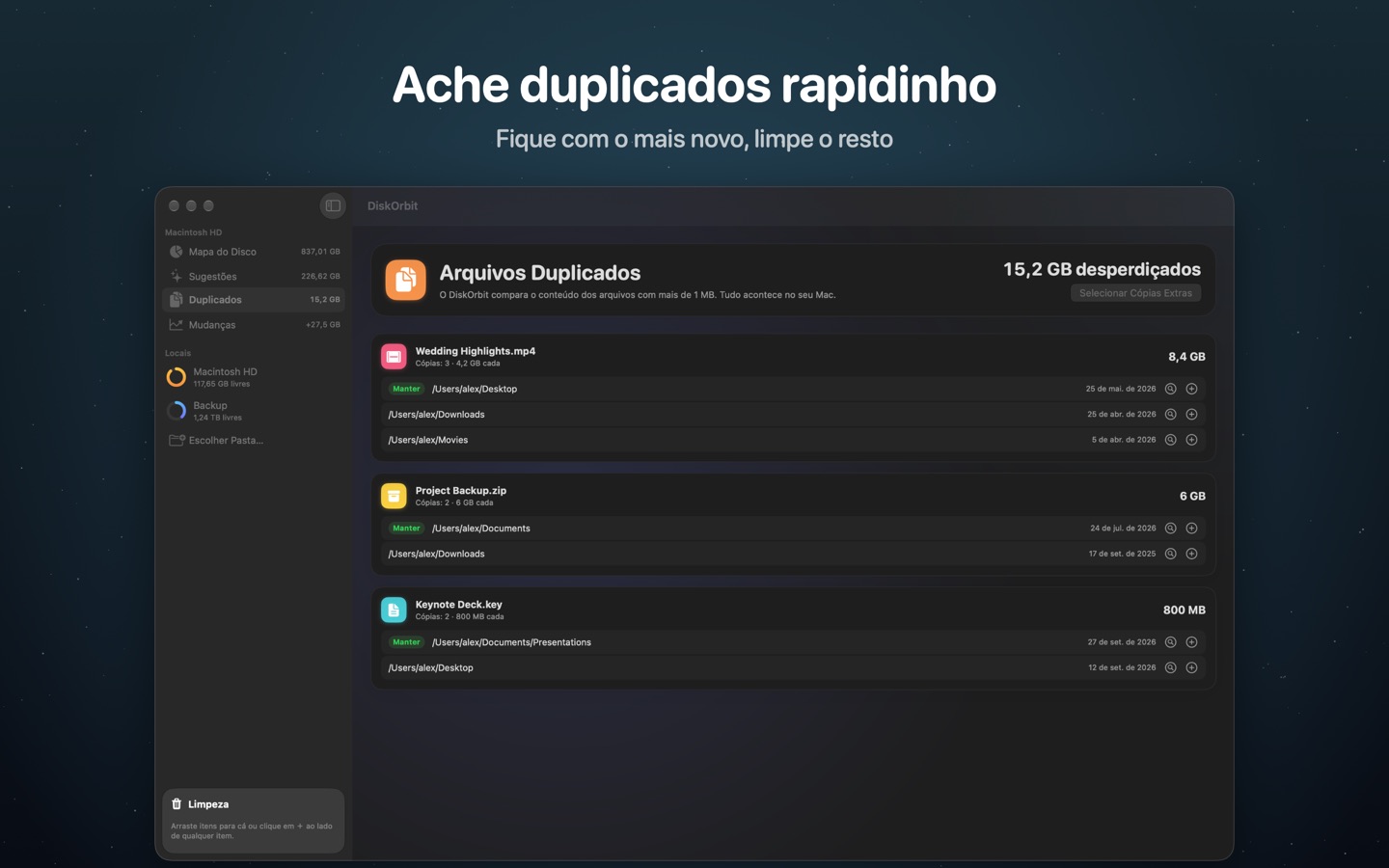 Arquivos duplicados, com a cópia mais recente de cada um marcada para ficar