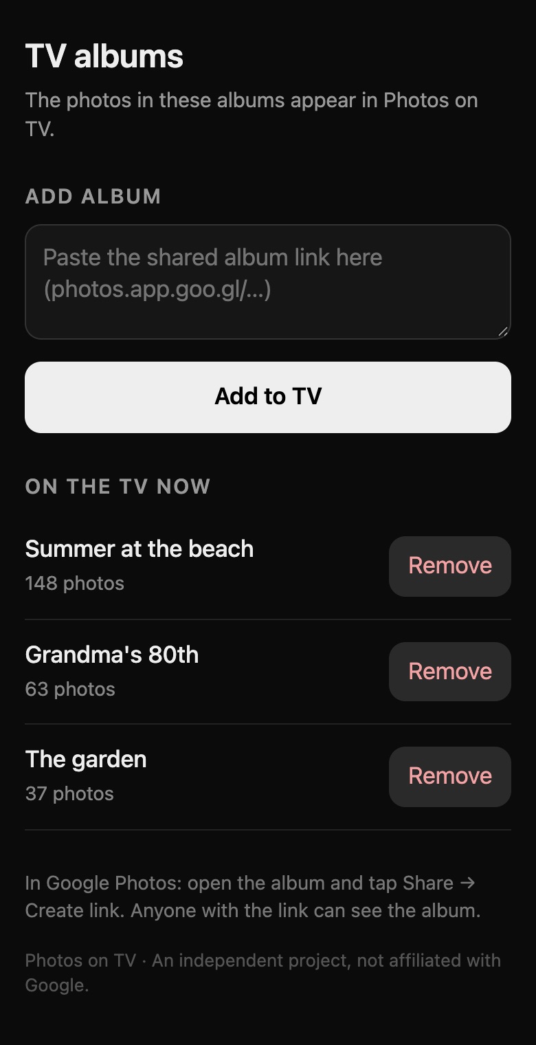 The album page on a phone: a box for an album link, and the three albums already on the TV