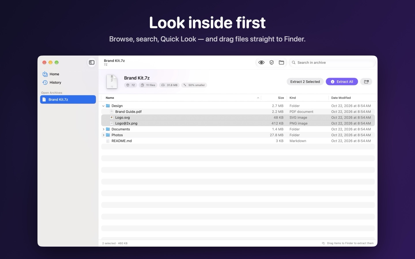 Browsing a 7Z archive, with two files selected to extract