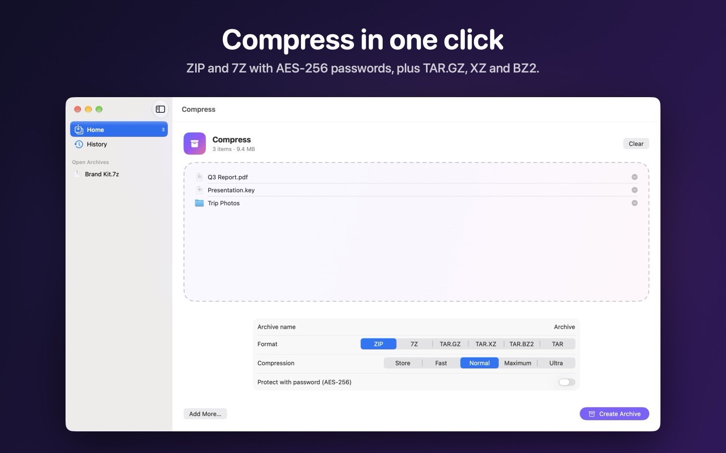 Compressing three items as ZIP, with the format, the compression level and a password option