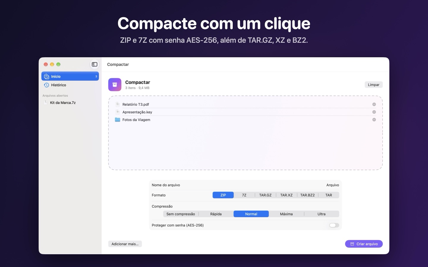 Compactando três itens em ZIP, com o formato, o nível de compressão e a opção de senha