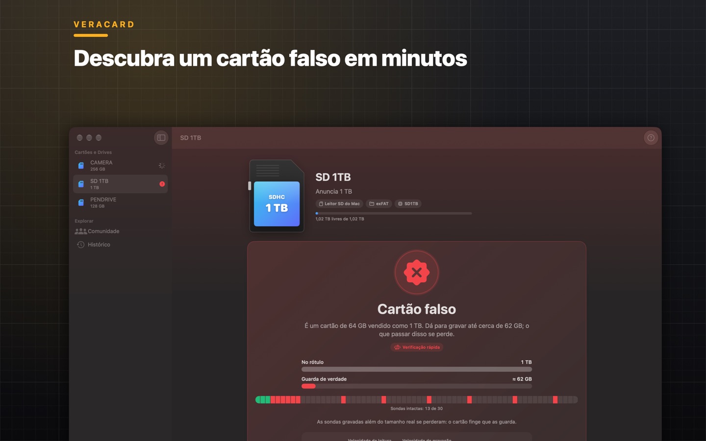 O Veracard mostrando um cartão vendido como 1 TB que na verdade tem 64 GB