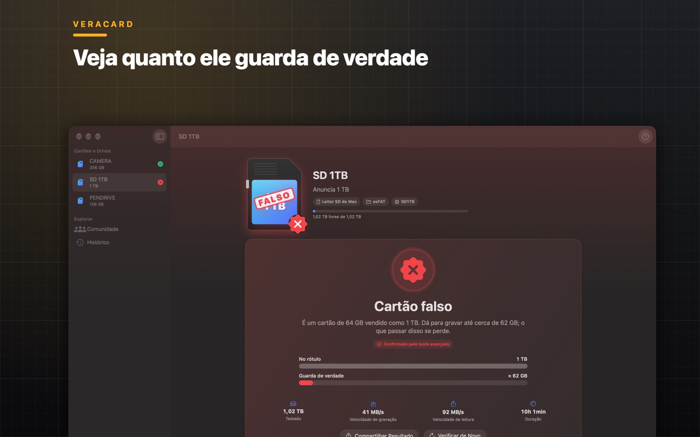 Um cartão falso: 1 TB no rótulo, cerca de 62 GB de verdade