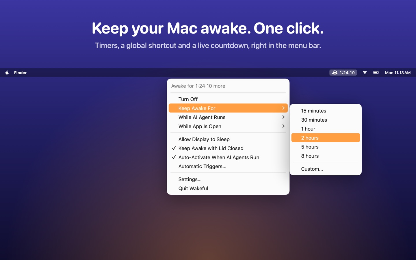 The Wakeful menu in the menu bar, keeping the Mac awake for 2 hours