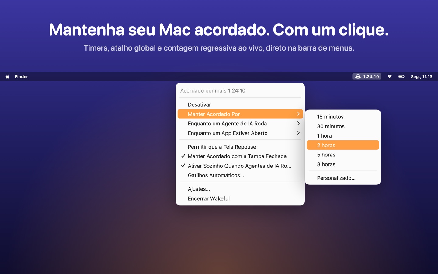 O menu do Wakeful na barra de menus, mantendo o Mac acordado por 2 horas